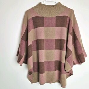 Note di Anita Italy Mock Neck Poncho Pink Tan Buffalo Check Merino Wool Cashmere